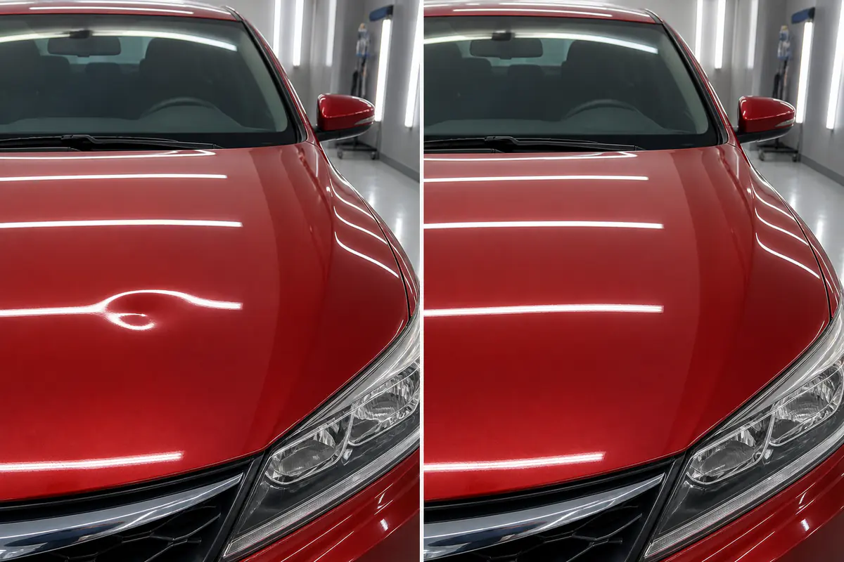 Capô vermelho com amassado antes e depois do martelinho de ouro em Campinas