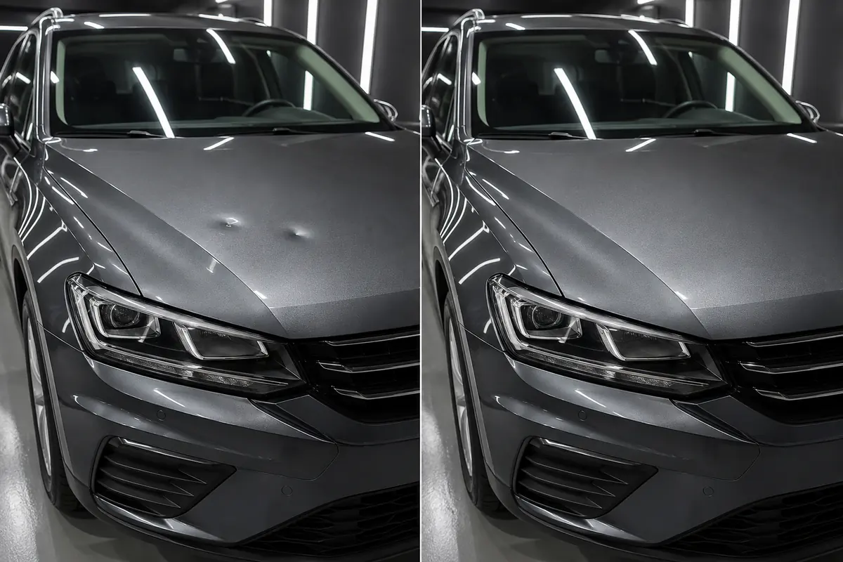 Dois amassados no capô cinza antes e depois do reparo sem pintura