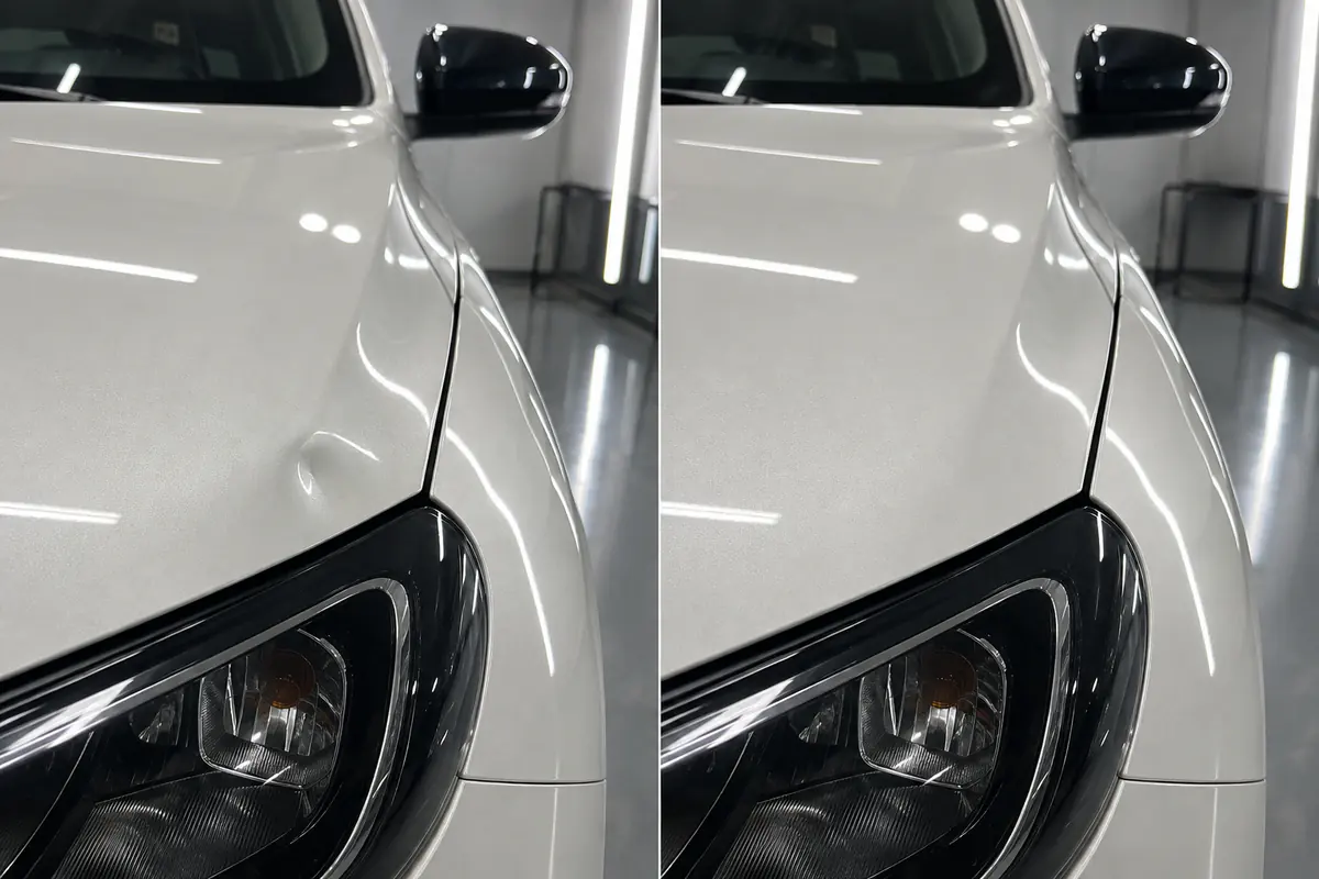 Pequeno amassado na borda do capô branco antes e depois do reparo