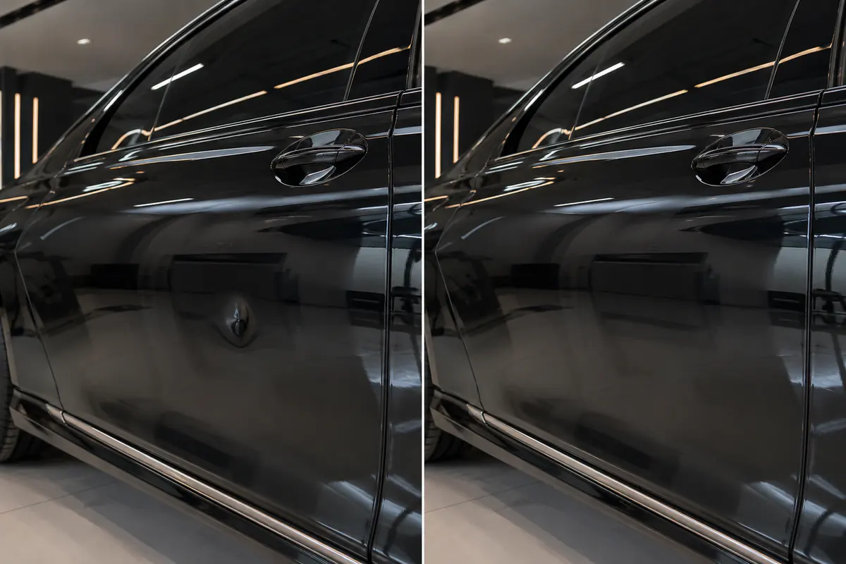 Porta de carro blindado preto antes e depois do martelinho de ouro em Campinas