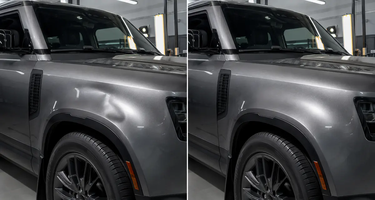 Para-lama de SUV blindado cinza antes e depois do reparo sem pintura