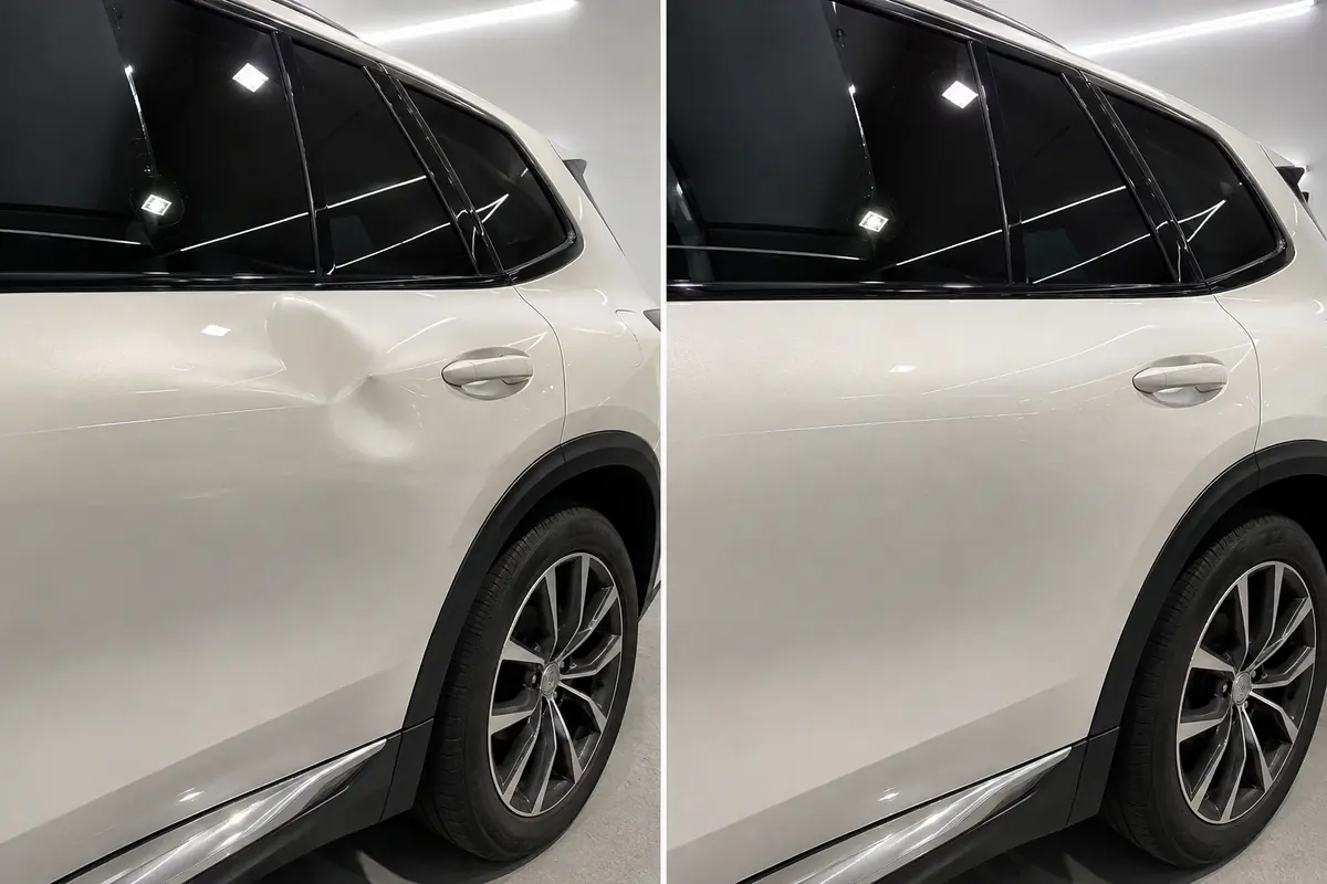 Lateral de veículo blindado branco amassada antes e depois do reparo