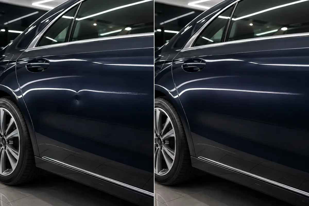 Carro importado azul com amassado na porta antes e depois do martelinho de ouro