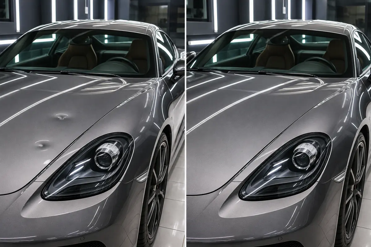 Capô de carro importado cinza antes e depois do reparo de amassados