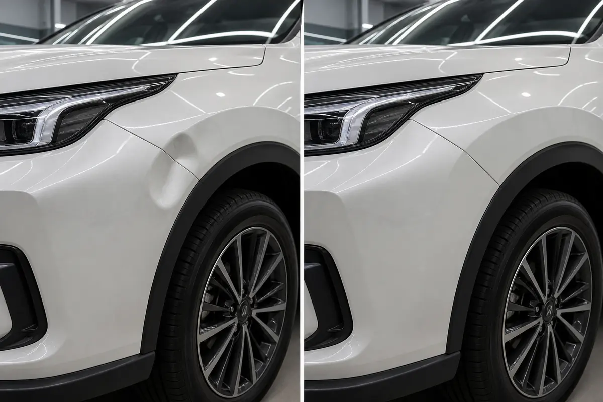 Para-lama de veículo importado branco antes e depois do reparo em Campinas