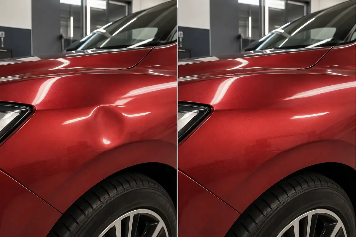 Para-lama vermelho amassado antes e depois do martelinho de ouro em Campinas