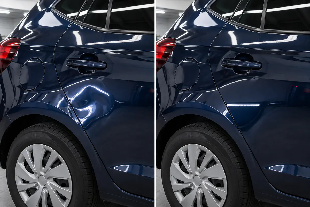 Amassado no arco do para-lama azul antes e depois do reparo sem pintura