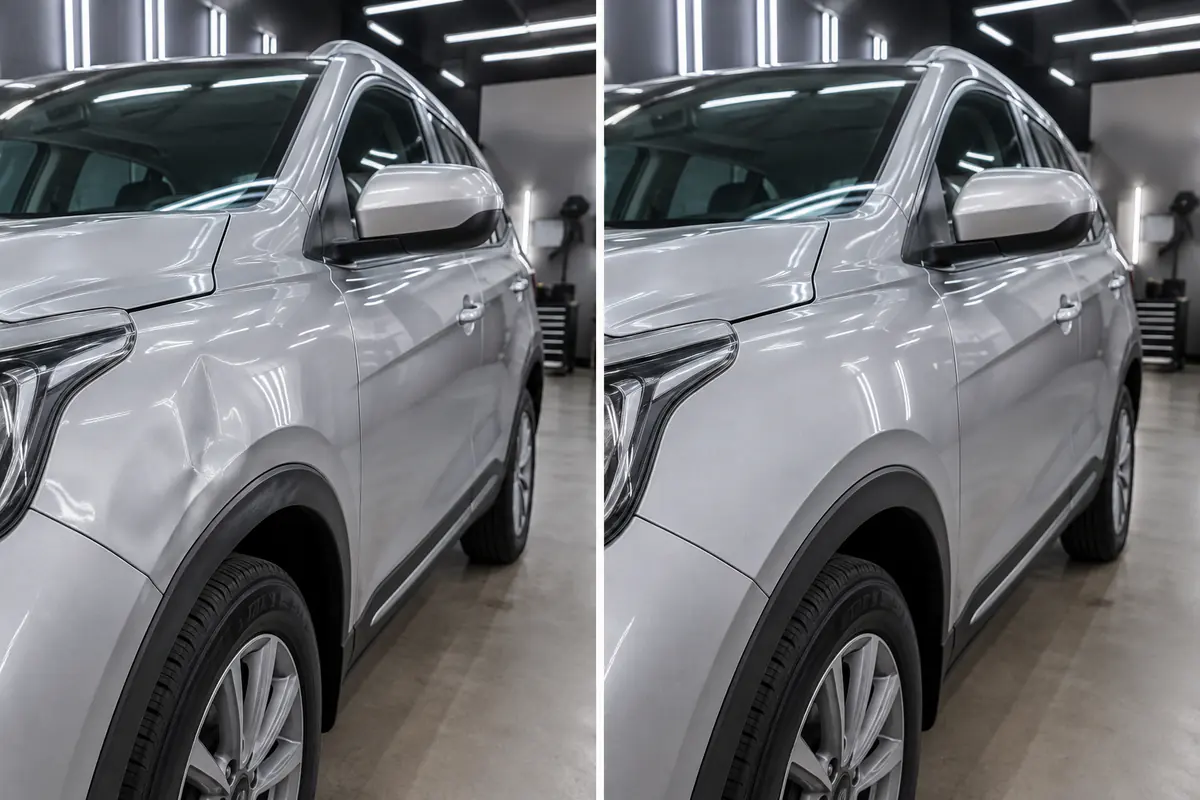 Antes e depois do reparo de amassado no para-lama de SUV prata