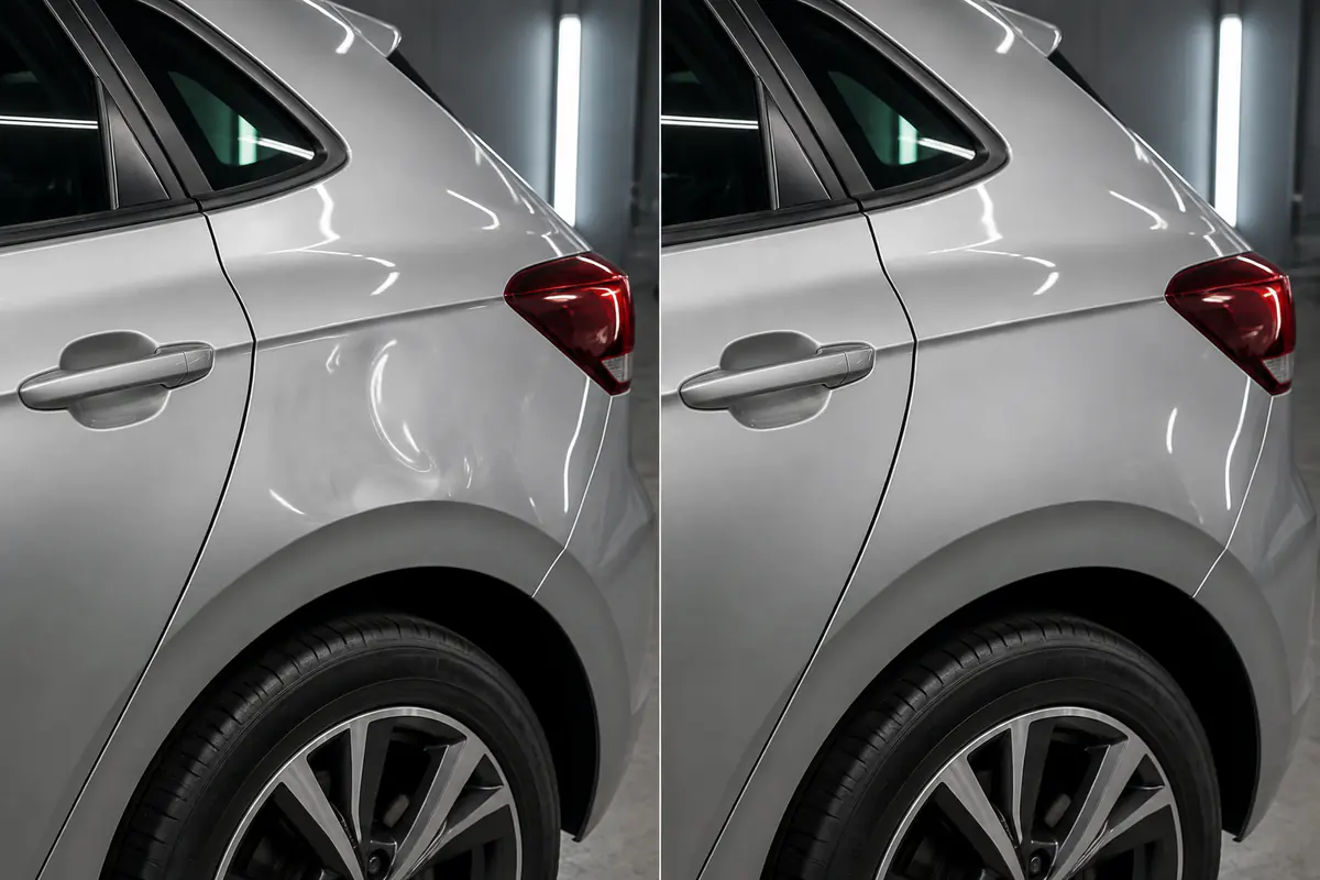 Antes e depois do reparo de pequeno amassado na lateral de carro prata em Campinas