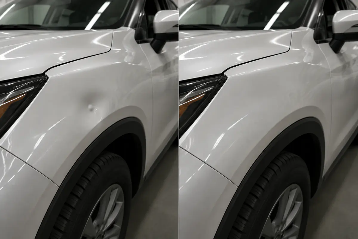Comparação antes e depois de pequeno amassado no para-lama de veículo branco
