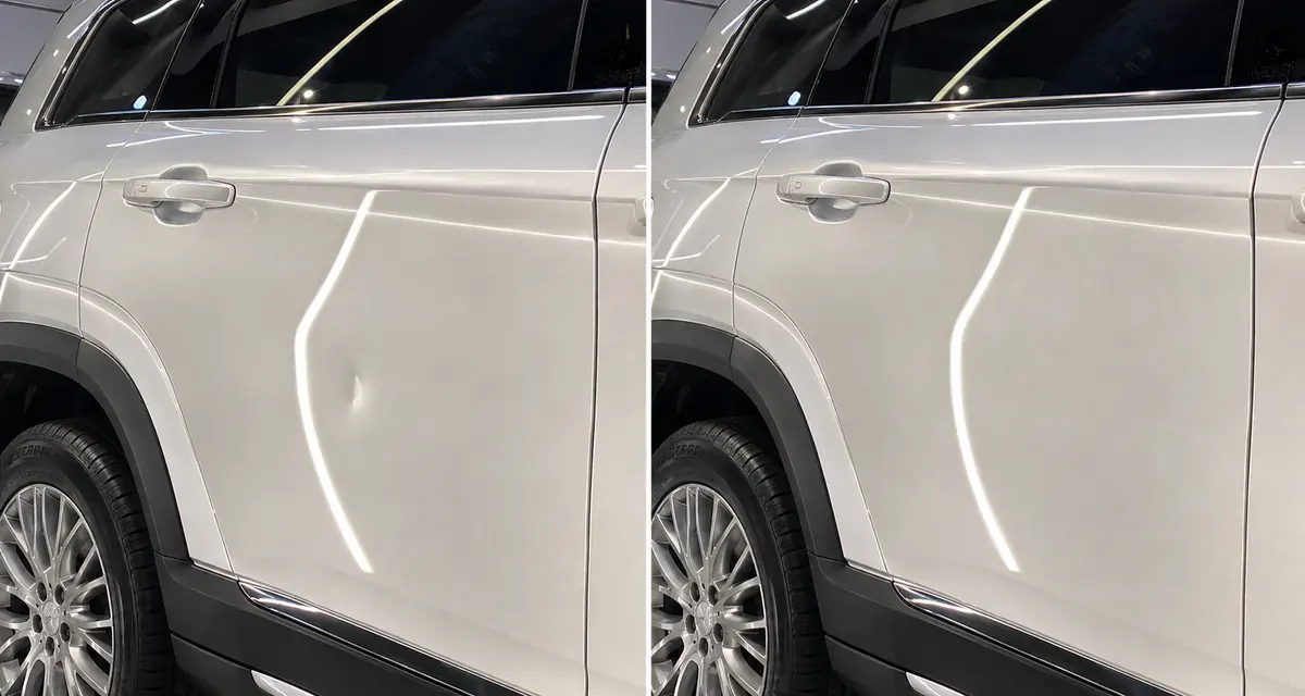 Antes e depois do reparo de amassado abaixo da maçaneta de porta branca