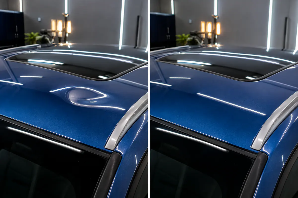 Amassado no teto azul próximo ao teto solar antes e depois do reparo