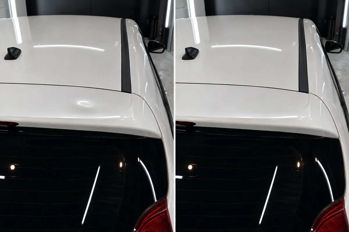 Pequeno amassado no teto branco antes e depois do reparo sem pintura em Campinas