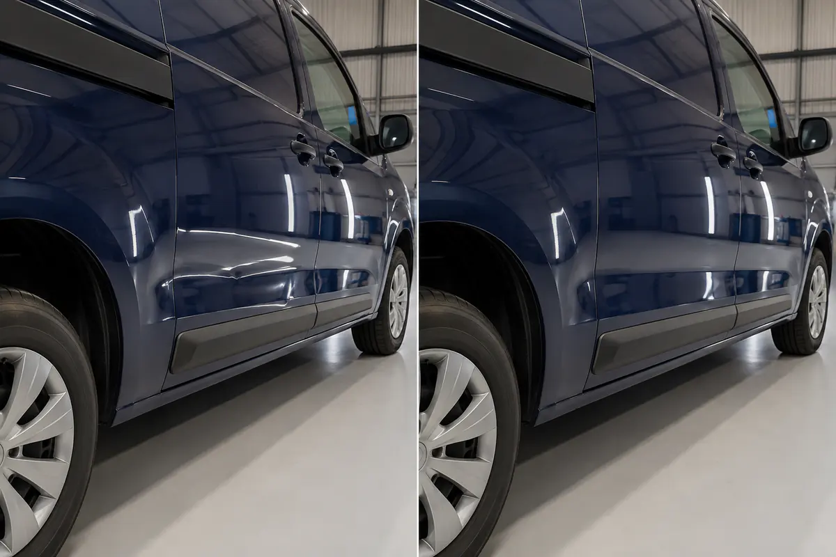 Lateral de utilitário azul com vinco antes e depois do reparo sem pintura