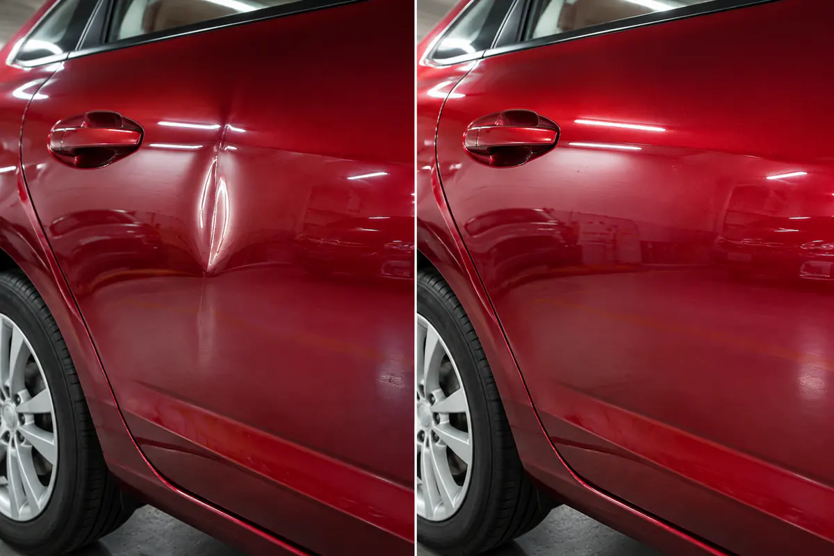 Antes e depois do reparo de batida de porta em estacionamento em carro vermelho