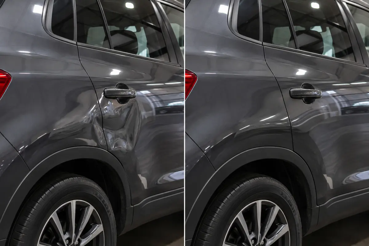 Amassado de estacionamento na lateral de SUV antes e depois do martelinho de ouro
