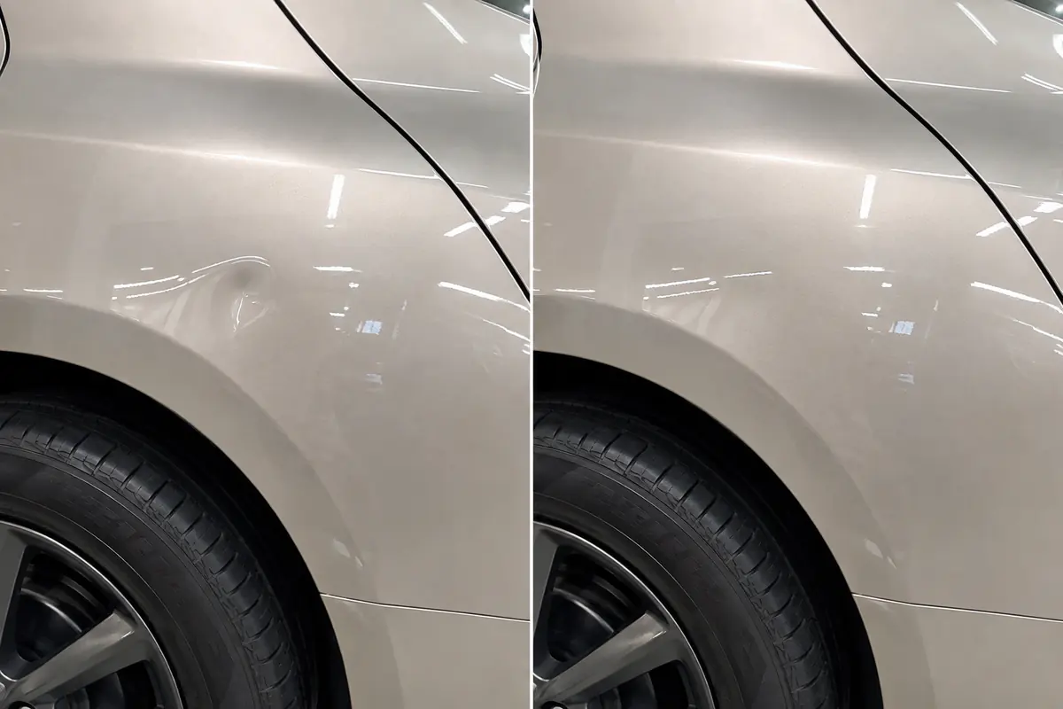 Comparação do reparo de amassado próximo à roda causado em estacionamento