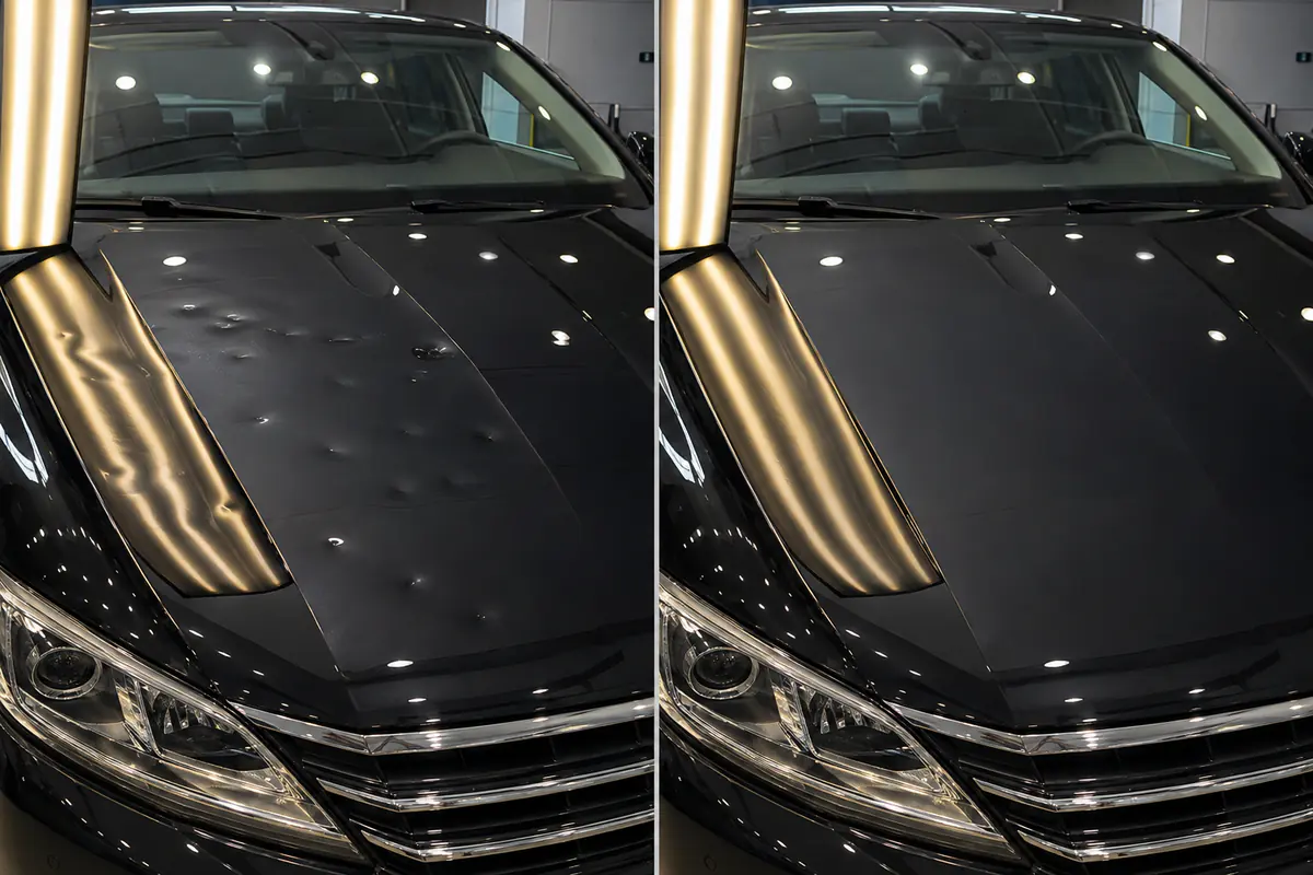 Capô preto com amassados de granizo antes e depois do reparo sem pintura