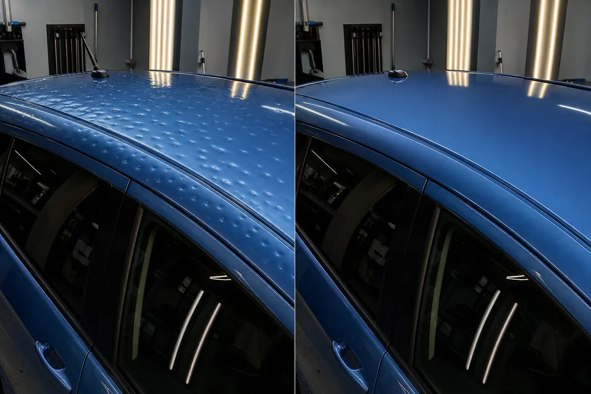 Teto azul atingido por granizo antes e depois do martelinho de ouro em Campinas