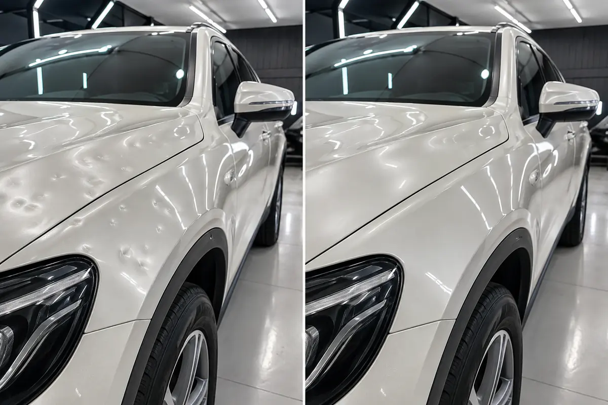 Veículo branco com vários amassados de granizo antes e depois do reparo
