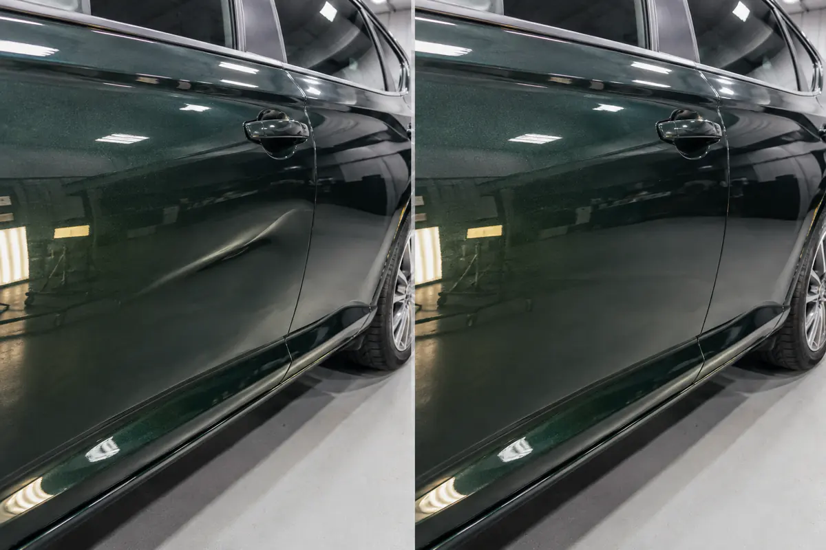 Vinco comprido na porta de carro verde antes e depois do martelinho de ouro