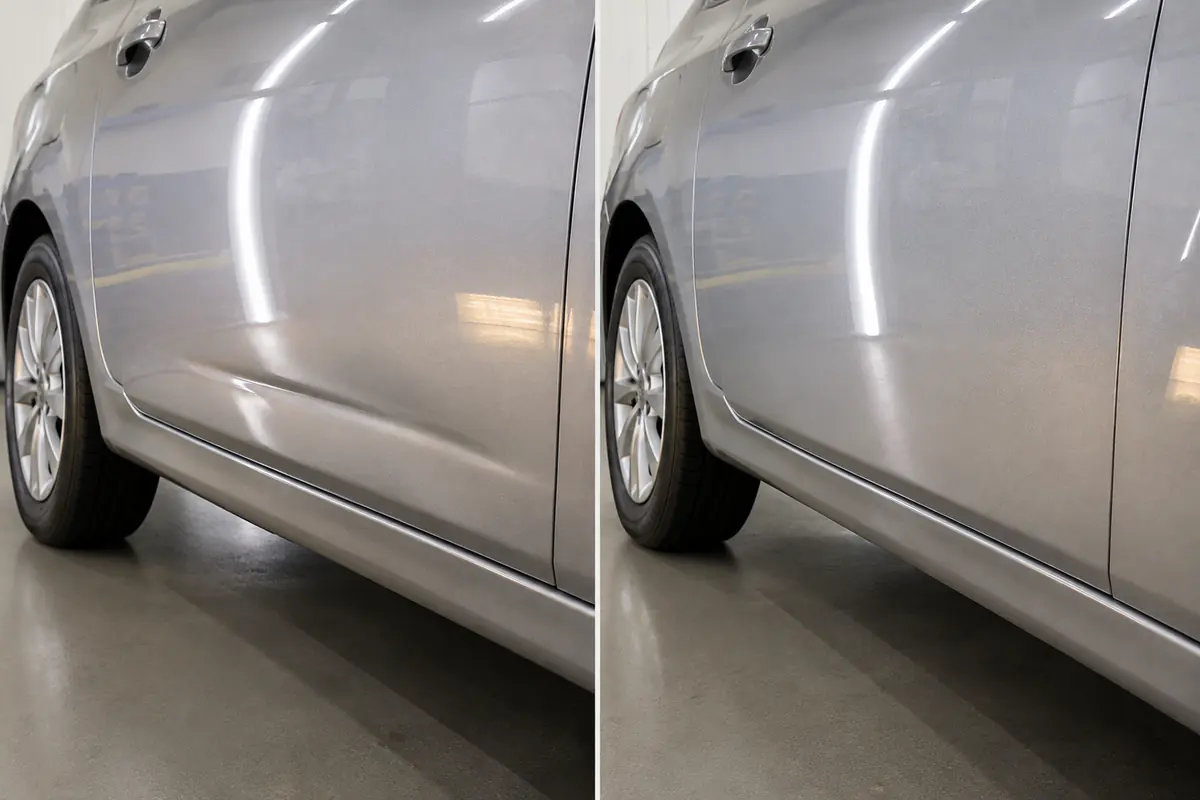 Antes e depois do reparo de vinco na parte inferior da lateral de carro prata