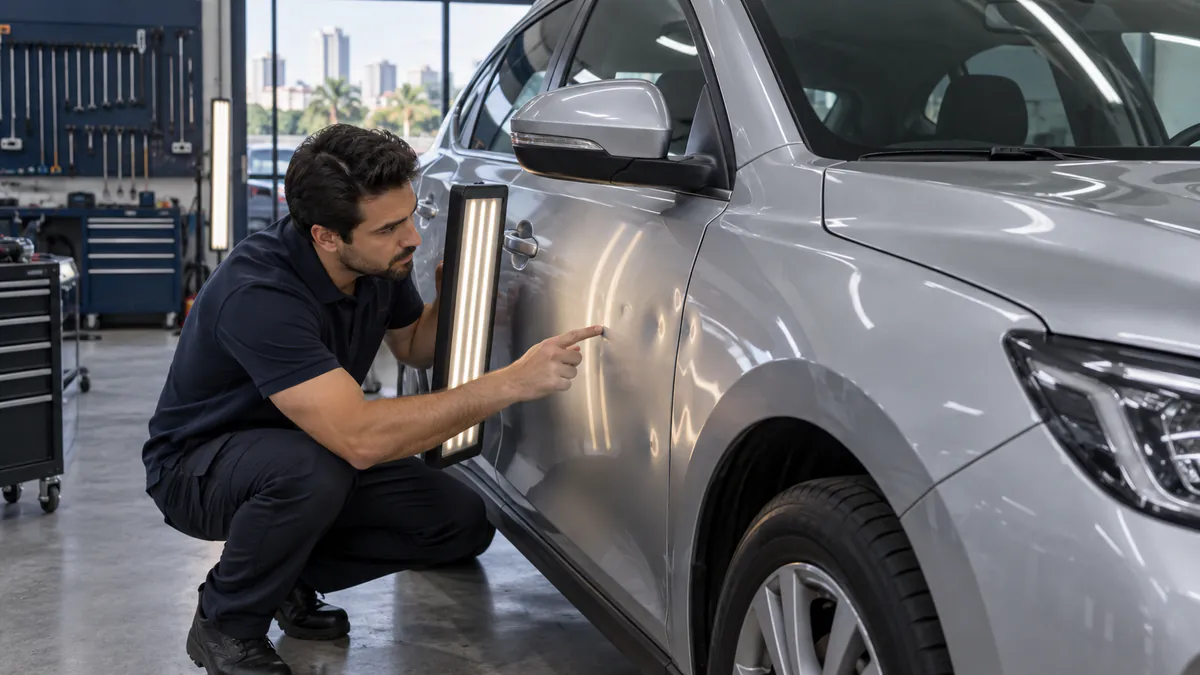 Técnico avaliando diferentes amassados para reparo com martelinho de ouro