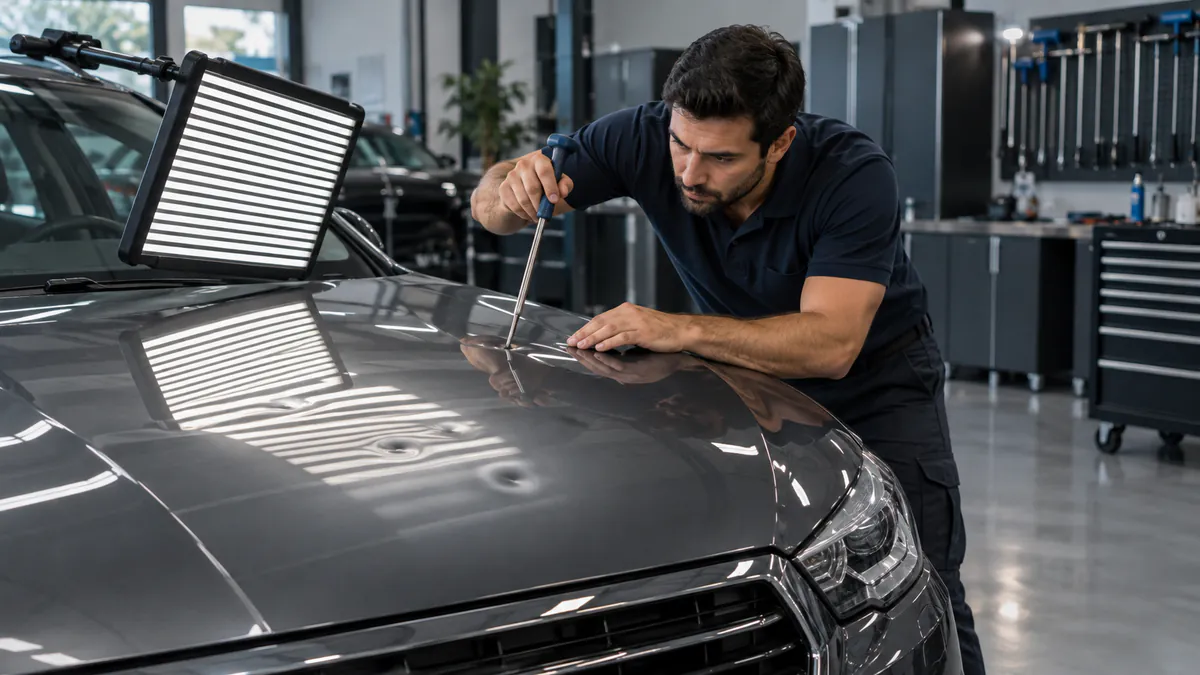 Técnico realizando reparo sem pintura em carro atingido por granizo