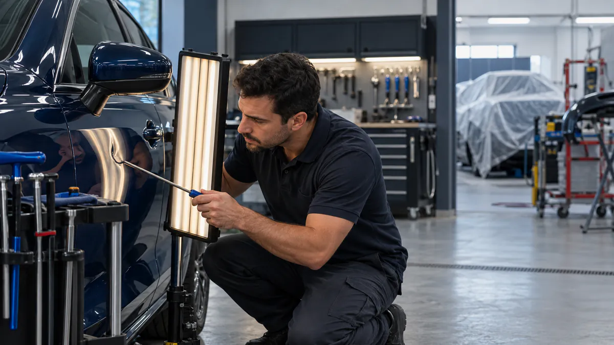 Técnico comparando reparo com martelinho de ouro e funilaria em Campinas